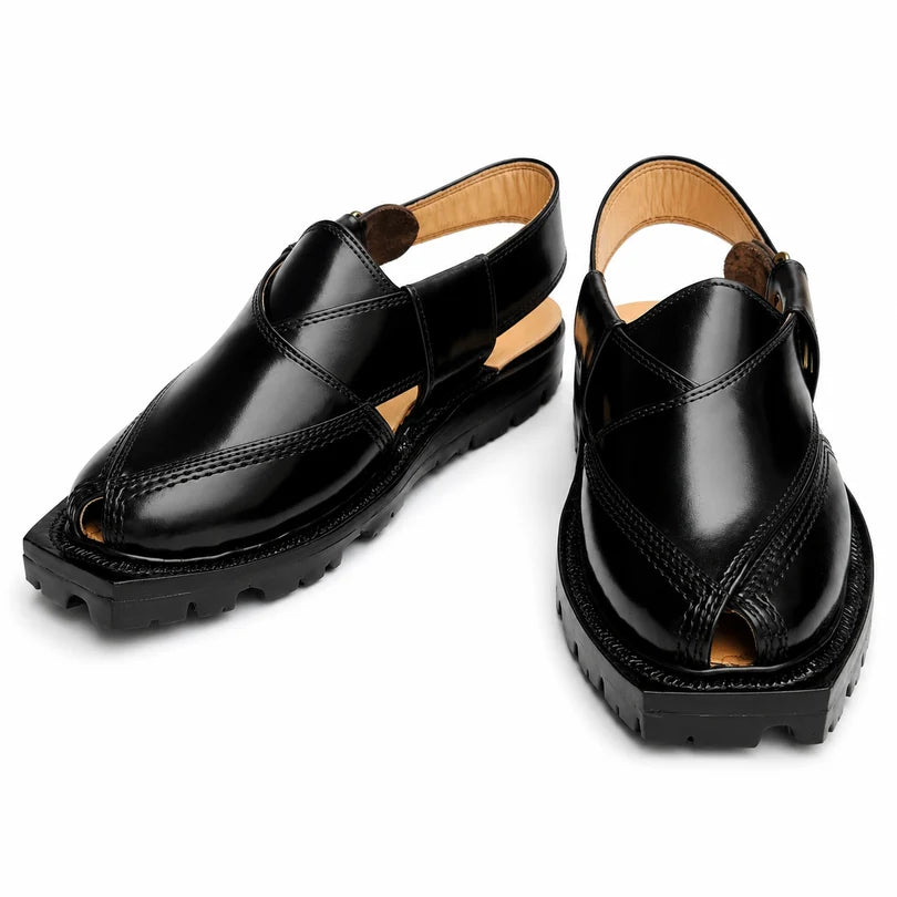 Black Norozi Chappal With Double Tyre Sole