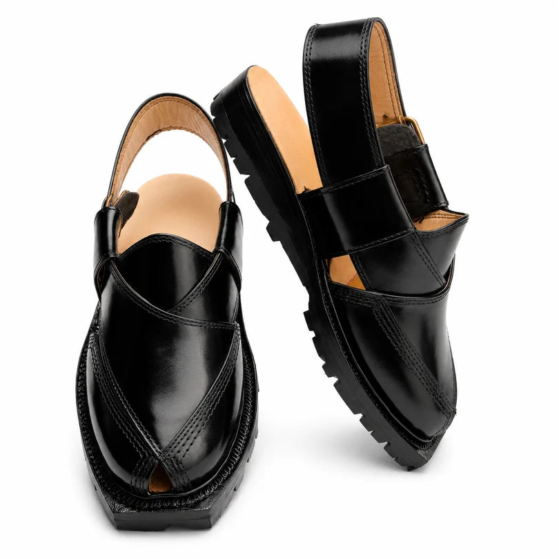 Black Norozi Chappal With Double Tyre Sole
